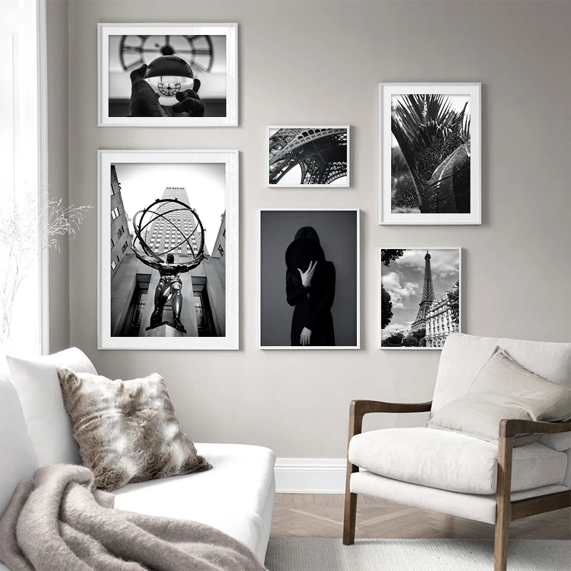 

Nordic Poster and Print Wall Art Canvas Painting Black White Paris Eiffel Tower Atlas Statue Pictures for Living Room Home Decor