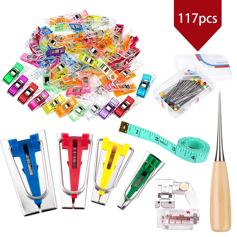 

LMDZ Set of 4 Sizes Sewing Accessories Bias Tape Makers with 60 Pcs Sewing Clips,50 Pcs Ball Point Pins, Awl, Sewing Tools