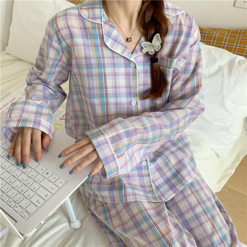 

Loose Plaid Pajamas Women 2021 Cotton Pajama Sets Female Long Sleeve Lapel Pj With Button Pocket Lady Cute Top+Pants Pijama Suit