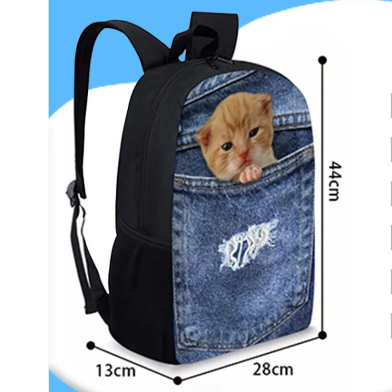 

New Jeans Cute Women Men Casual Backpack Denim Cat Printing School Backpack for Teenage Boys Girls Student Bagpack Bag