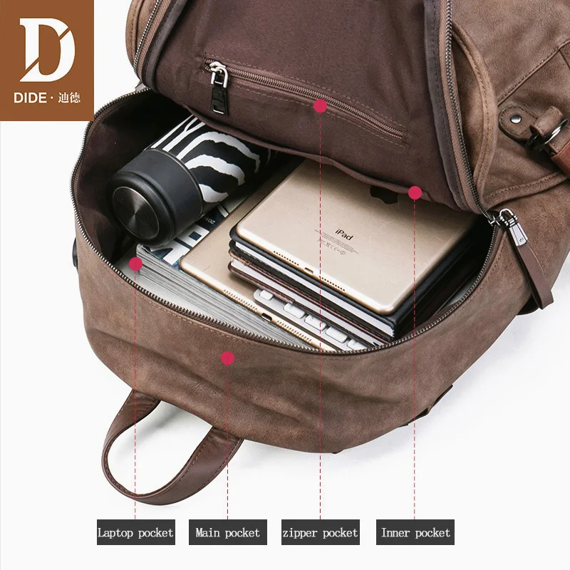 Рюкзак DIDE мужской кожаный портфель с USB разъемом водонепроницаемая дорожная