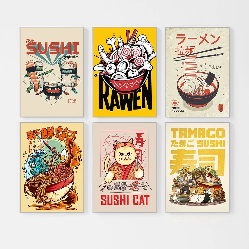 

Japanese Food Wall Art Prints Funny Ramen Noodles Poster Kitchen Art Canvas Painting Pictures For Living Room Sushi Home Decor