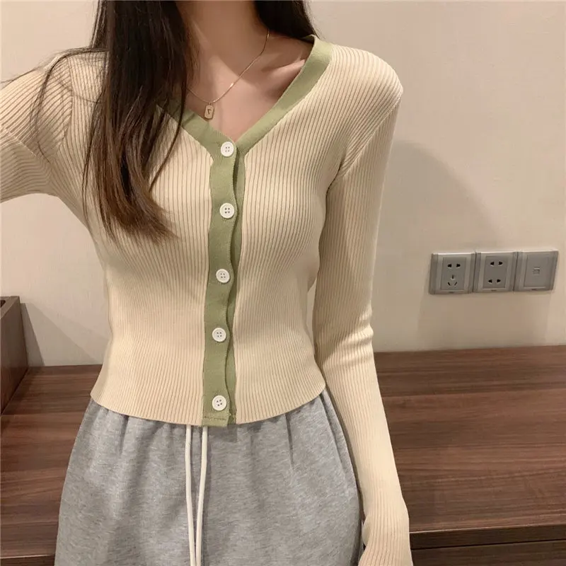 

Patchwork Color Sweaters Women Knitted Cropped Cardigan O-neck Long Sleeve Slim Sueter Coat Fashion Korean Chic Tops Female