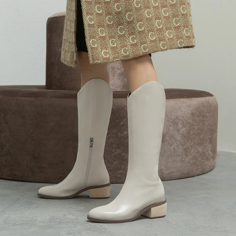 

Genuine leather motorcycle Shoes Woman Night Club Party High Heels Boots For Women 2020 Autumn Winter rouned Toe Knee High Boots