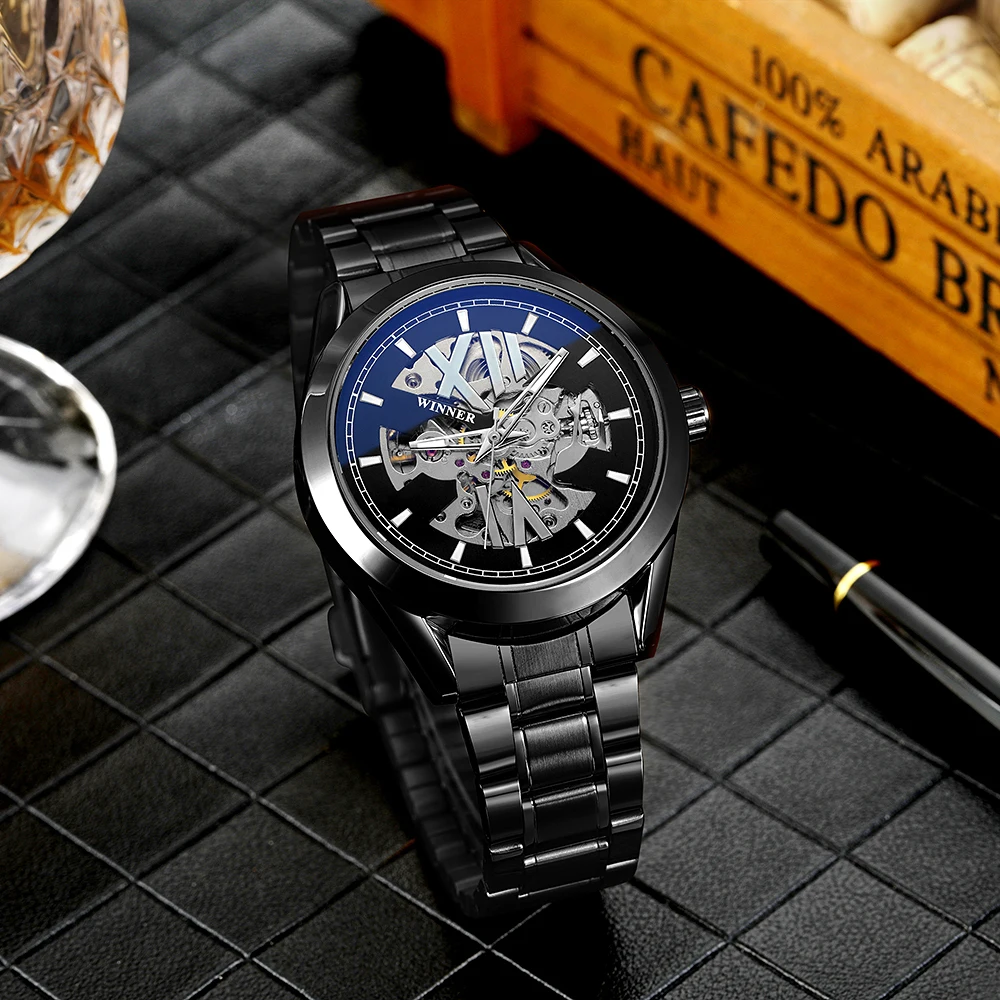 Часы наручные WINNER Мужские автоматические роскошные брендовые модные с синим