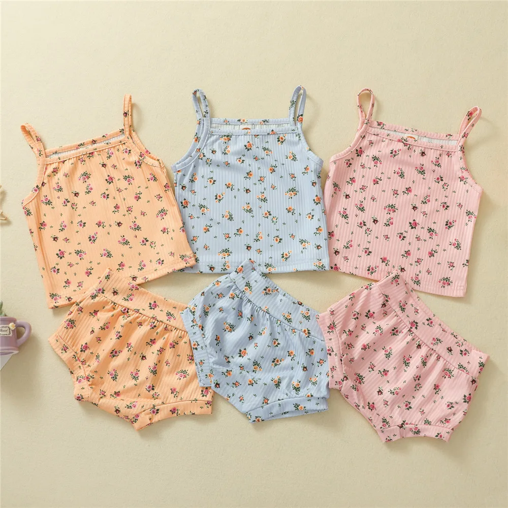 

0-2Years Baby Girls Cool Summer Sleeveless 2Pcs Children's Sets Toddler Sweet Floral Print Camisole Top + Elastic Waist Shorts