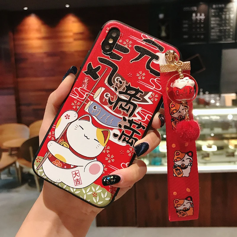В японском стиле Lucky Cat 3D телефона с тиснением и изображением чехол для Samsung S10e S8 9 10