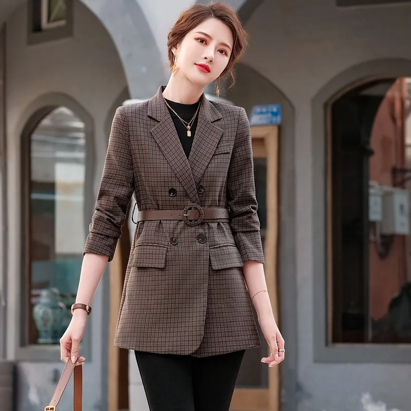 Brown Plaid Blazer Women's Long-Sleeved Mid-Length Spring and Autumn New Korean Style Elegant British Style Suit Top