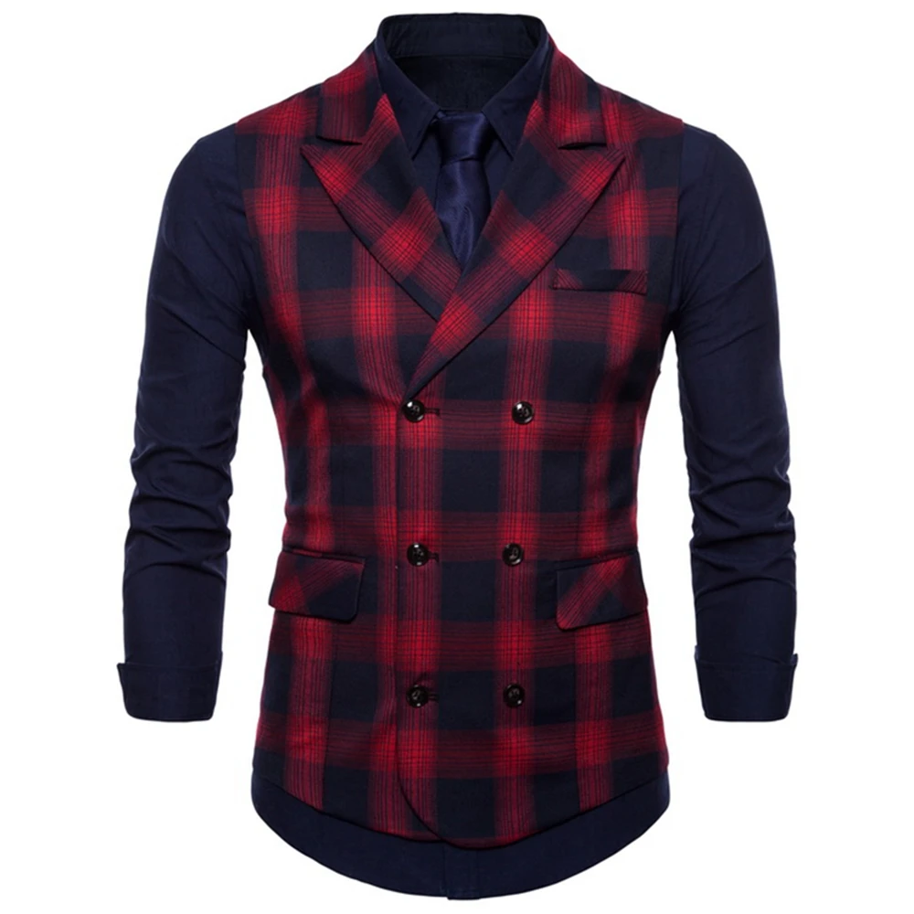 

Vests Men 2021 Spring and Autumn High Quality Men's Checkered Double Breasted Slim Business Casual Suit Waistcoat