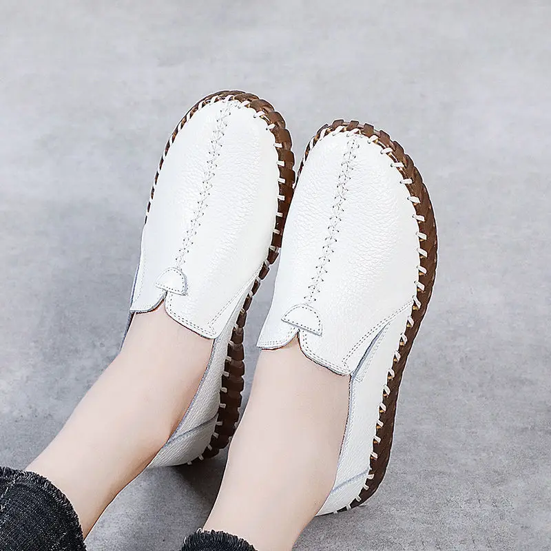 

White Autumn Shoes For Women Genuine Leather Ballet Flats Moccasins Women's Breathable Flat Loafers Woman Wide Feet Shoes 2021