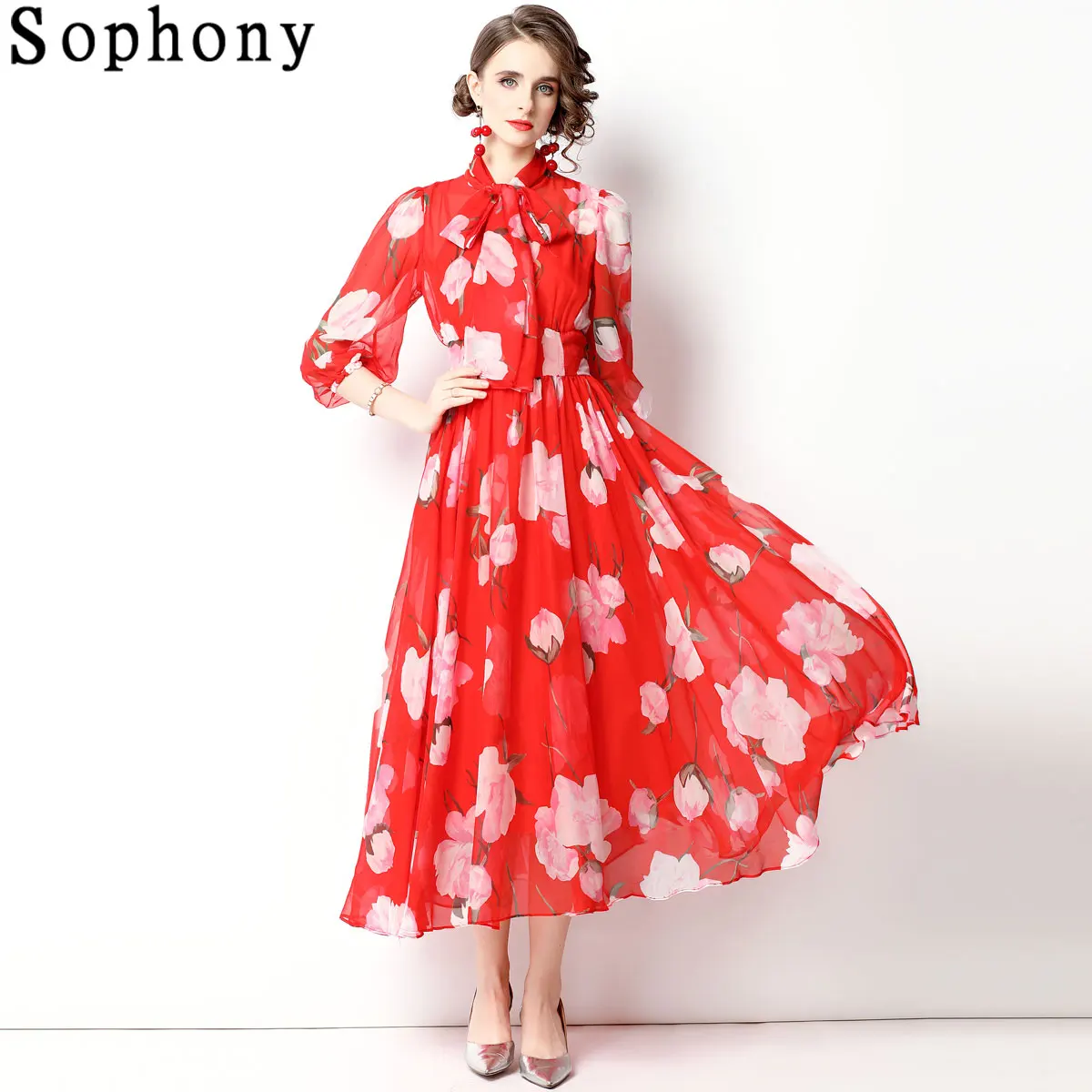 

Summer Bohemian Chiffon Floral Dress Elegant Bow Neck Lantern Sleeve Flower Print Long Maxi Dress Woman Holiday Vestidos S76663