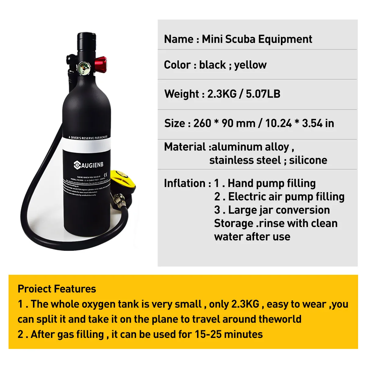 

AUGIENB 1L Scuba Air Tank Dive Respirator Scuba Oxygen Cylinder Reserve Air Tank Snorkeling Diving Equipment Refillable Design