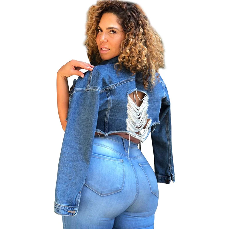 

Sylph Long Sleeve Denim Jacket Plus Size Turn-sown Collar Backless Short Coats 2021 Autumn New Single Breasted Crop Top Coat