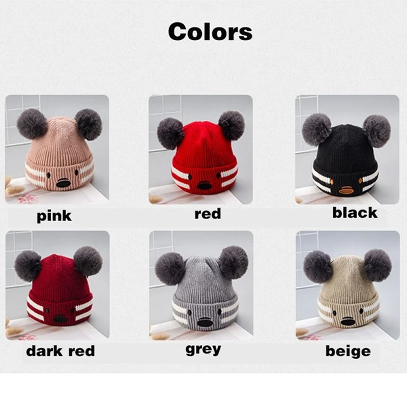 Baby Beanies Double Ball Wool Cartoon Pompom Hat Children Winter Knitted Hats Cute Cap for Girls Boys Thick Kids Beanies