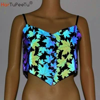 womens reflective crop tops festival rave outfits girls sexy night club party tank vest with maple leaf pattern camisole 2021