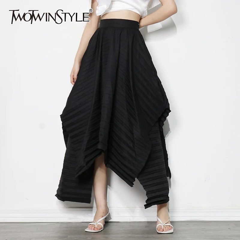 

TWOTWINSTYLE Irregular Hem Casual Long Skirt For Women High Waist Pleated Casual Ruched Vintage Skirts Female Fashion New 2021