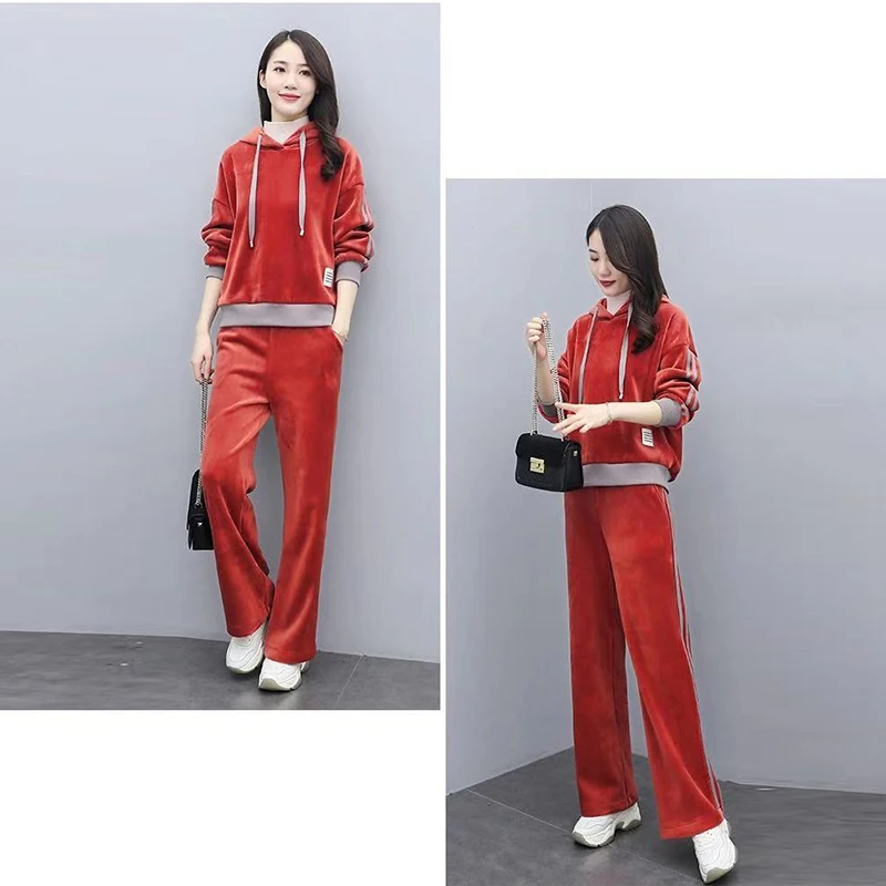 

Double-sided fleece sweater casual suit women autumn and winter plus cashmere sports two-piece gold velvet hooded loose
