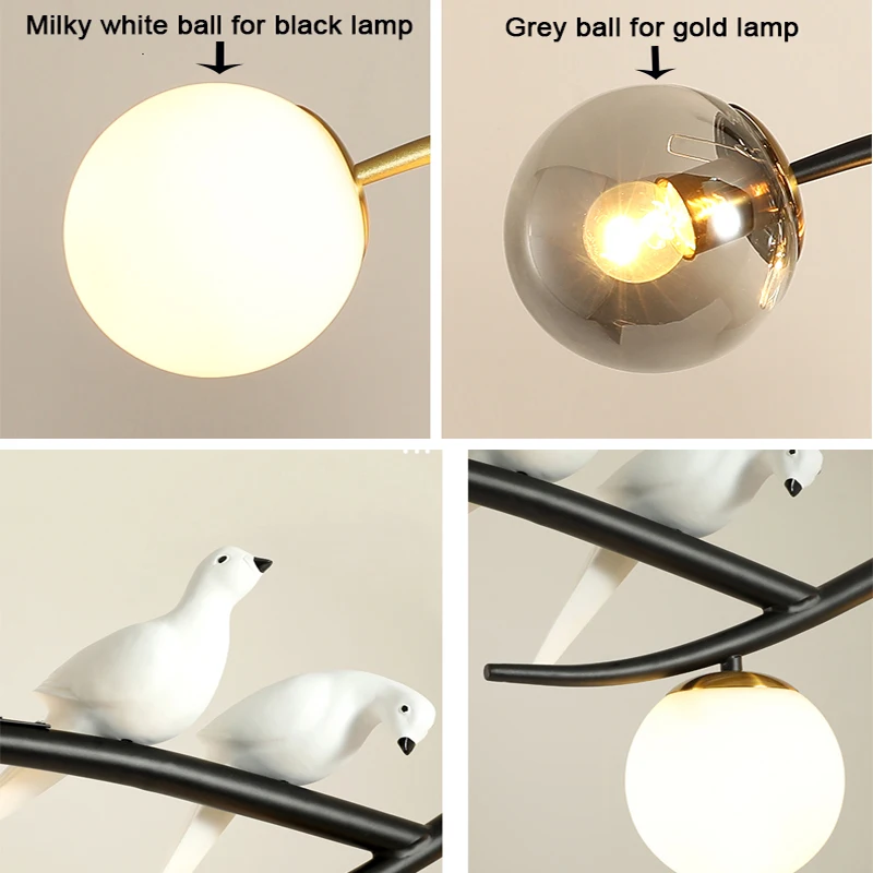 

Included 5 Pieces of LED Bulbs Black&Golden Dining Room Pedant Light With 2 Lovely Resin Birds/4 Milky White Glass Balls[DD2303]