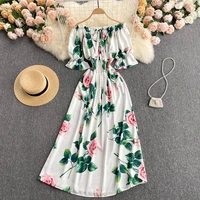 new summer women seaside holiday dress fashion rose flowers print folds slash neck off shoulder elastic slim long dress