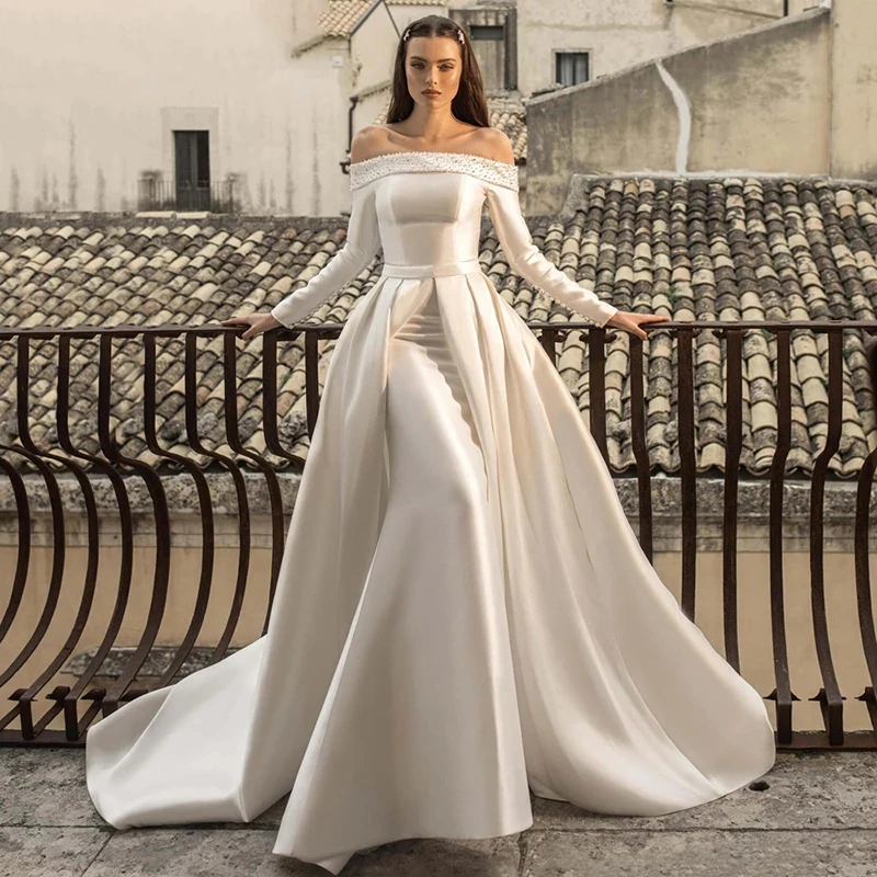 Luxury Mermaid Wedding Dresses Long Sleeve Satin Detachable Train 2 In 1 Handmade Beads Wedding Gowns Back Lace Up Tailor-Made