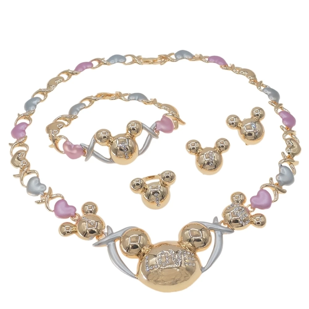 

Very Cute's Pink And Gray Love Crystal Mickey Set Girl Plated Gold Necklace Bracelet Earring Jewelry Sets Stock X0175
