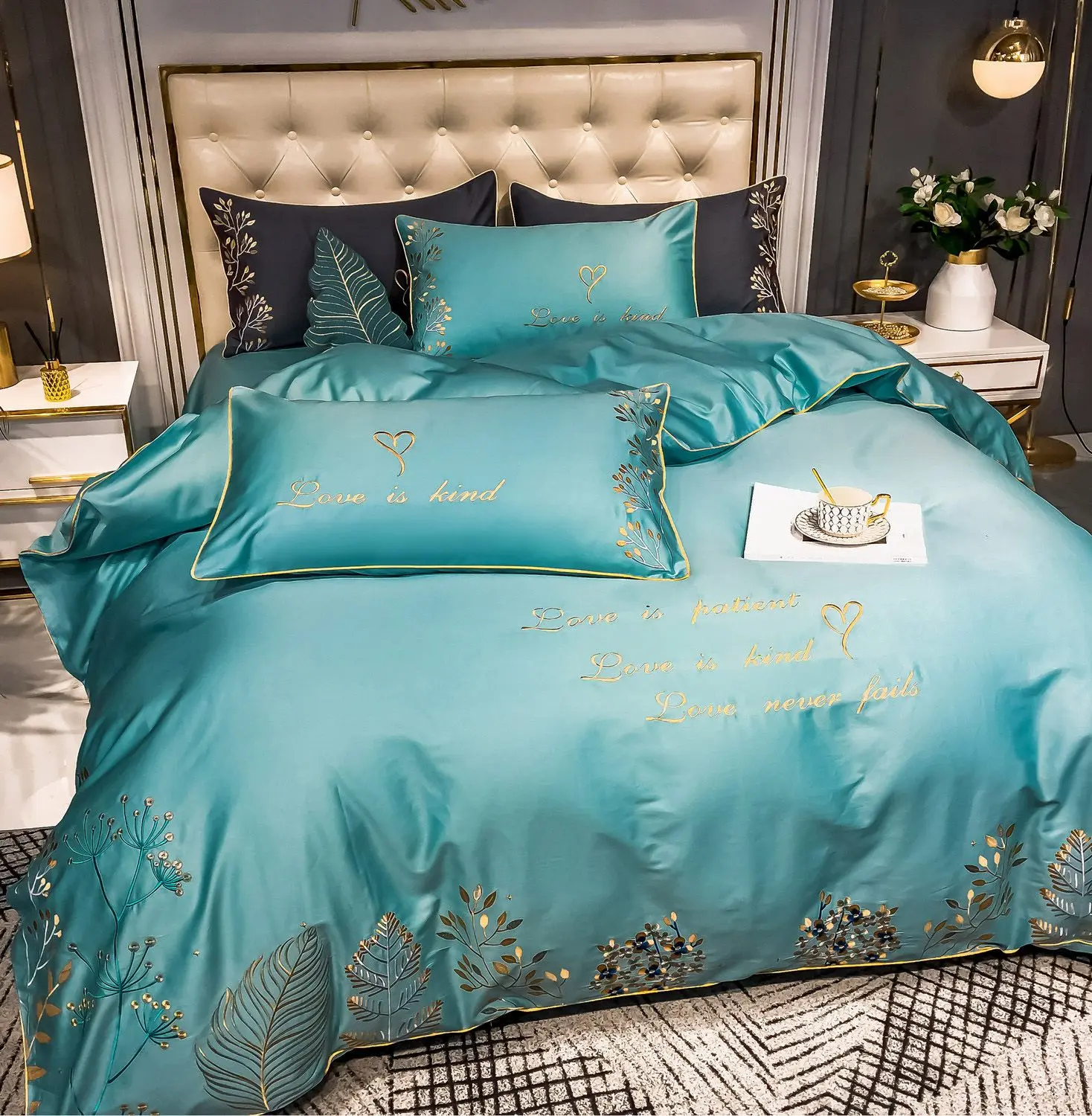 Постельное белье Сатин Гладкокрашеный Вышивка Люкс DHB006 Евро наволочки 4 шт | Дом и