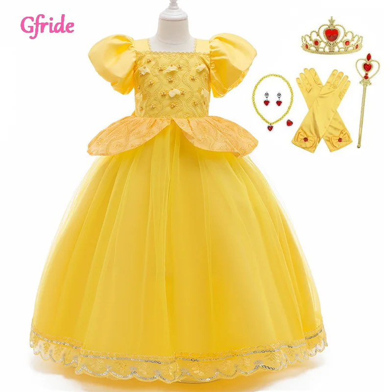 

Girls Belle Costume For Kids Christmas Cosplay Princess Long Dress Puff Short Sleeve Dance Clothing With Grown Gloves Wands