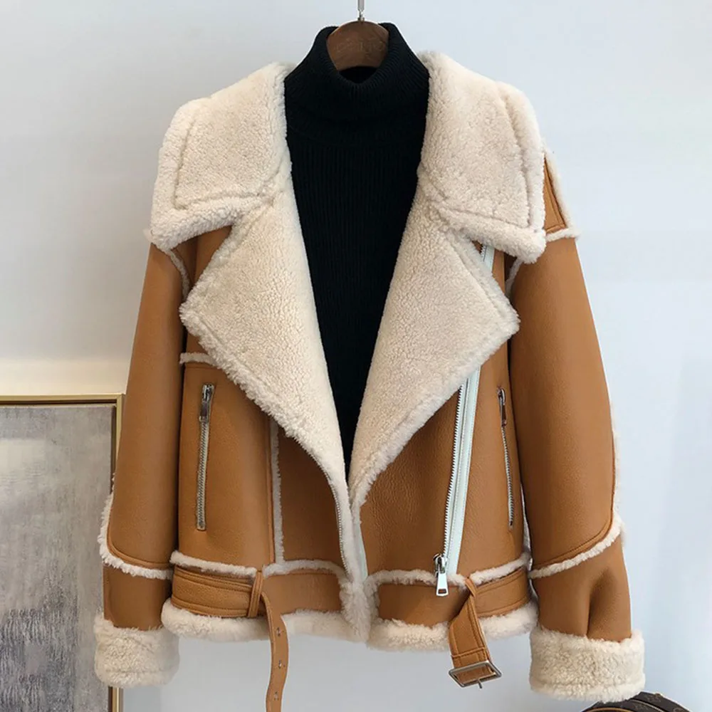 

Winter Women Coats With Genuine Sheepskin Leather Double Faced Fur Natural Merino sheepskin Jacket Luxury Outwear