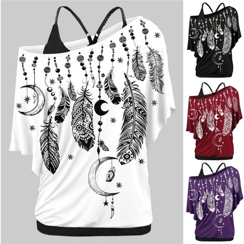 

Women Shirts Blouses Summer 2021 Feather Print One Shoulder Top Casual Ladies Sexy Tops Skew Neck Shirts Blouse