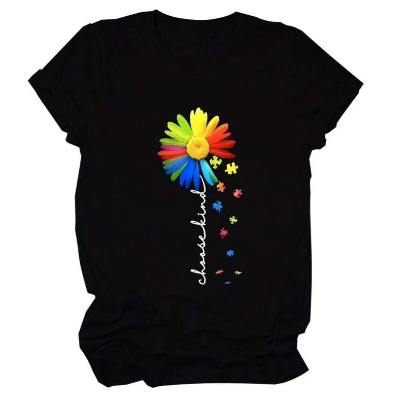 

Women T Shirt Choose Kind Sunflower Print Tee Shirt Short Sleeve Crew Neck Loose Casual TShirt Ladies Tops Camisetas Mujer