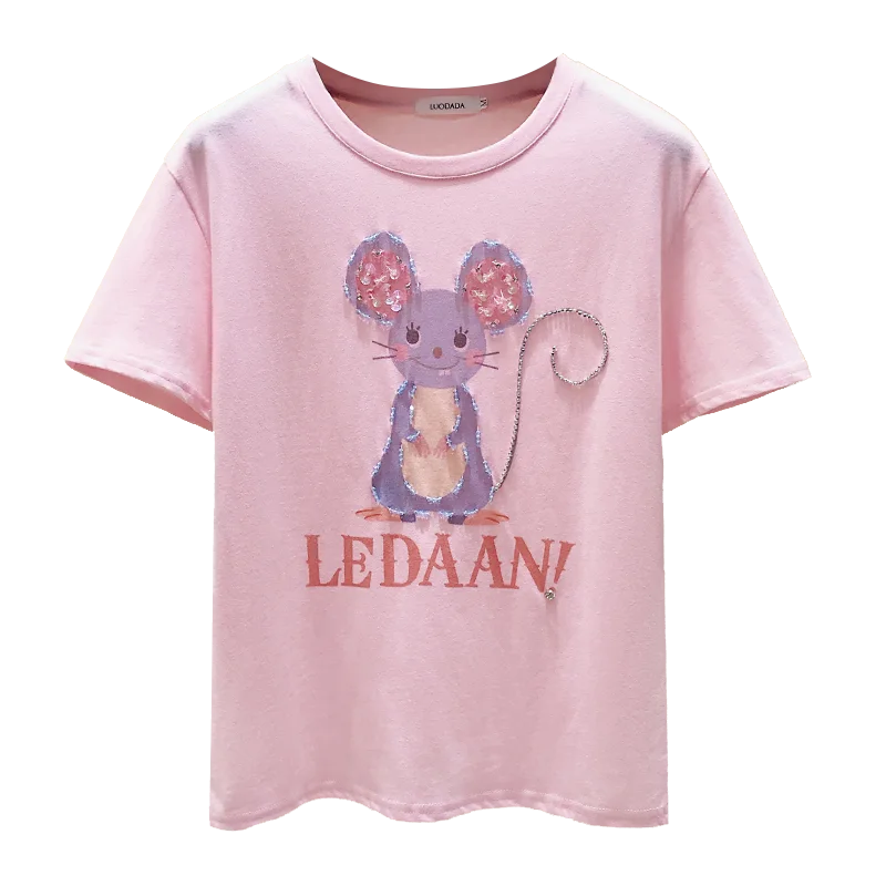 

Nail bead mouse cartoon grinding white short-sleeved t-shirts female MAO han edition spring letters inside take render loose shi