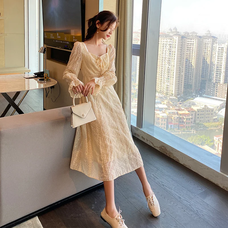 

Gentle Fairy Dress Bell Sleeve Waist-slimming Long Dress Over the Knee French Square Collar Dress Spring Clothing 2021