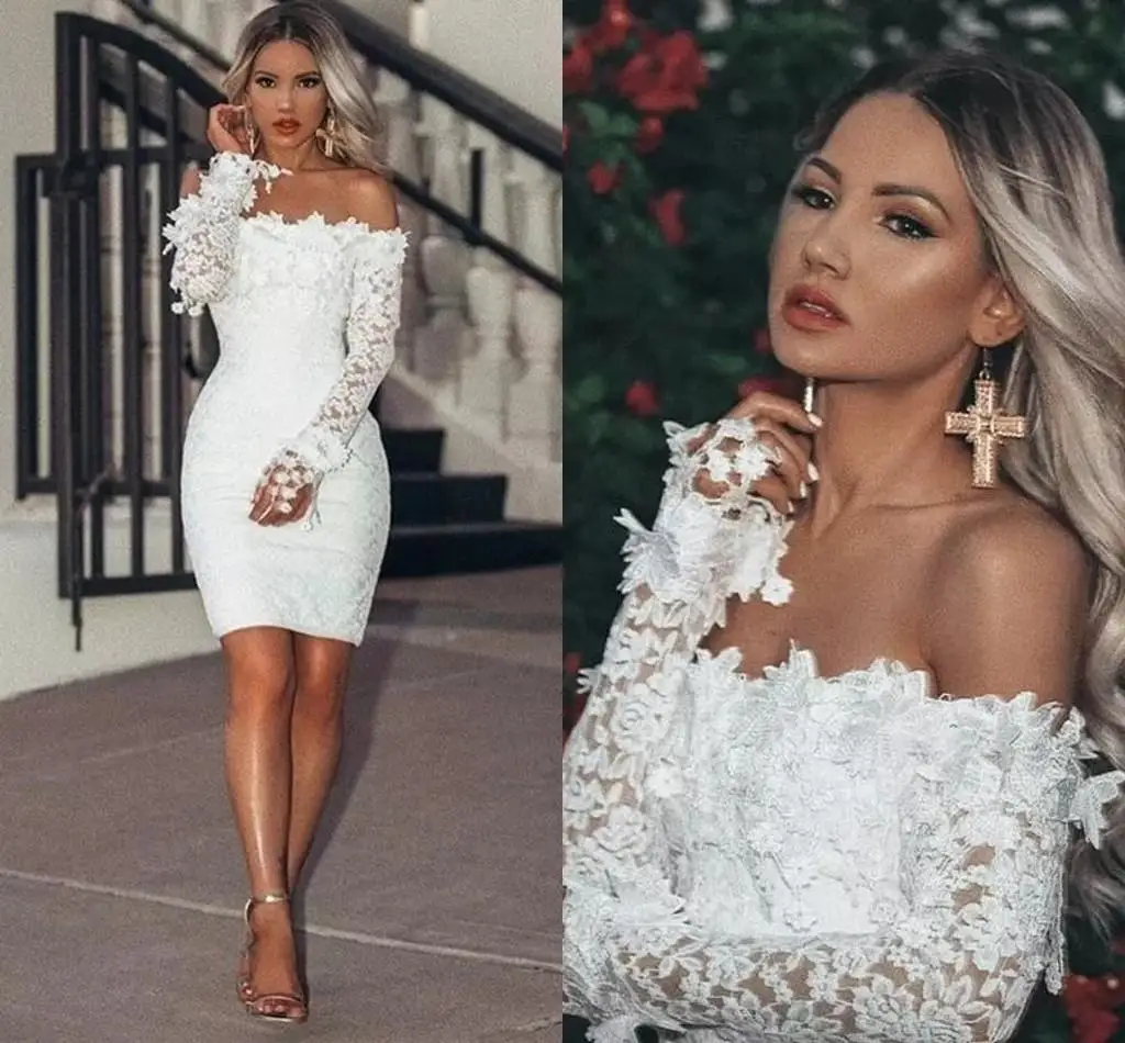 

2021 White Lace Short Prom Dresses Sheath Mini Length Off The Shoulder Long Sleeves Bridal Gowns 3D Applique Sexy Outdoor