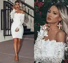 Белое Кружевное короткое платье для выпускного вечера, мини-платье-футляр с открытыми плечами и длинными рукавами, свадебные платья, сексуальное уличное платье с 3D аппликацией, 2021