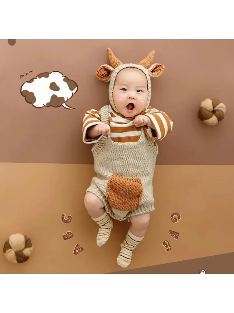 

2 Pcs Baby Knitted Cow Ears Hat Romper Set Newborn Photography Props Cap Jumpsuit Kit Infants Photo Shooting Clothing
