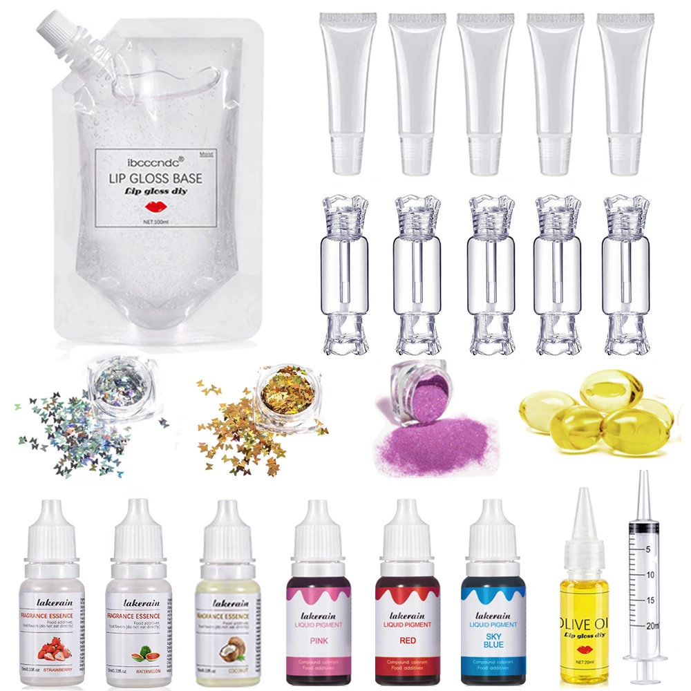 

Glittering Lip Gloss Diy Kiy New Moisturizing Lip Gloss Base Gel Lipgloss Tube Container with Butterfly Laser Glitter Flavor Oil