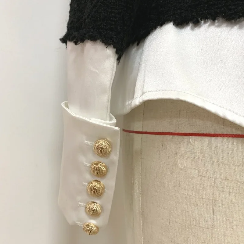 

False 2 Piece 2021 Latest Hot Women's Coat Satin Woolen Stitching Lion Buckle Shirt Jacket Elegant Fashion Double Breasted