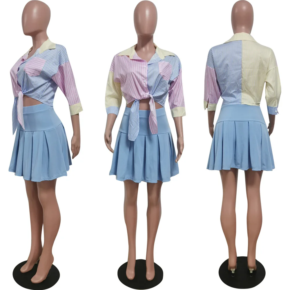 

Striped Skirt Suit Two-Piece Large Size Womens Three-Quarter Sleeve Top + Mini Skirt Youth Temperament Short Skirt Suit 2021 New
