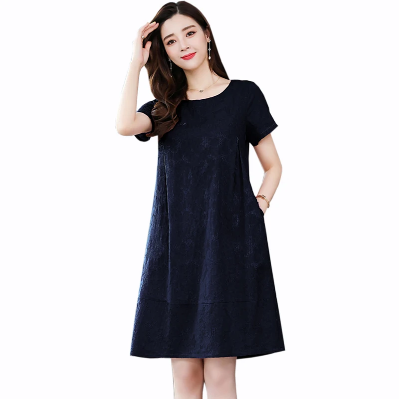 

2020 summer Casual Loose dress women fashion Cotton O-Neck Short sleeve dress Solid color temperament A-Line dress women