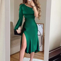 skmy green dresses for women vacation outfits 2021 new inclined shoulder asymmetric long sleeve split dress sexy party clubwear