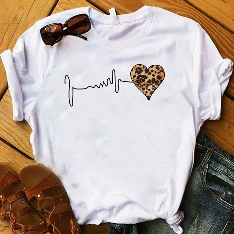 

FIXSYS Women T Shirt Leopard Print Love Tee Fashion Shirt Femme Plus Size Cute Tops Streetwear Loose White O-neck T Shirt