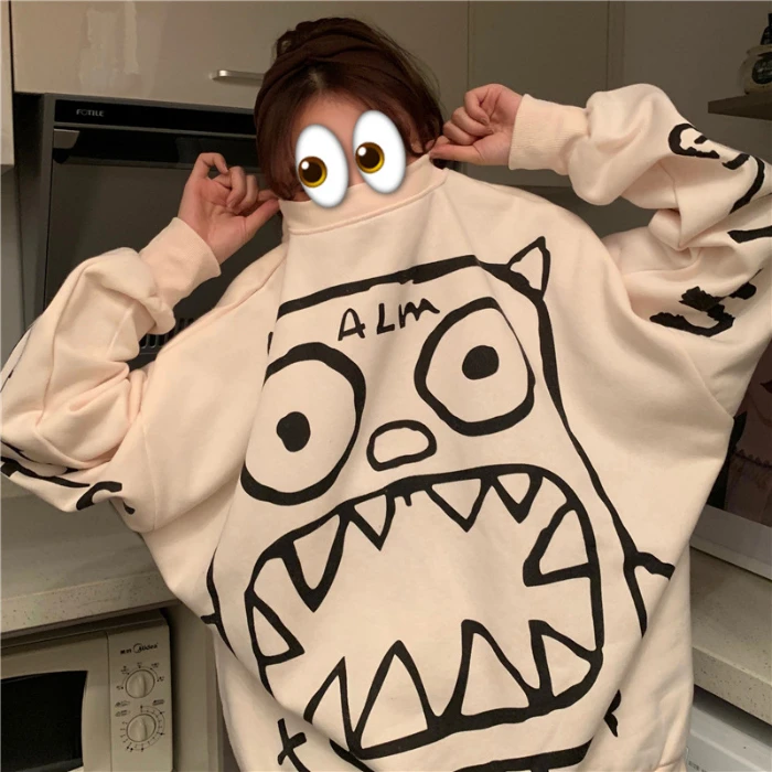 

Little Monster Sweater Women Plus Velvet Thick Coat Loose Student Pullover Women Fashion Lazy Harajuku Style Autumn 2021 Sweater