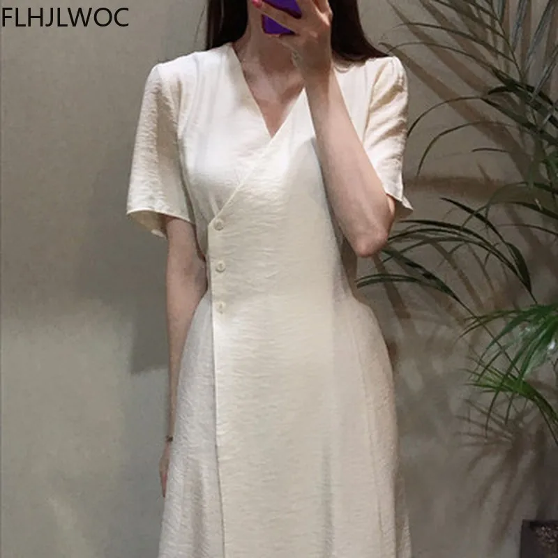 

Женское шифоновое винтажное платье миди Fenimine, Элегантное повседневное платье с коротким рукавом и V-образным вырезом в Корейском стиле, вес...