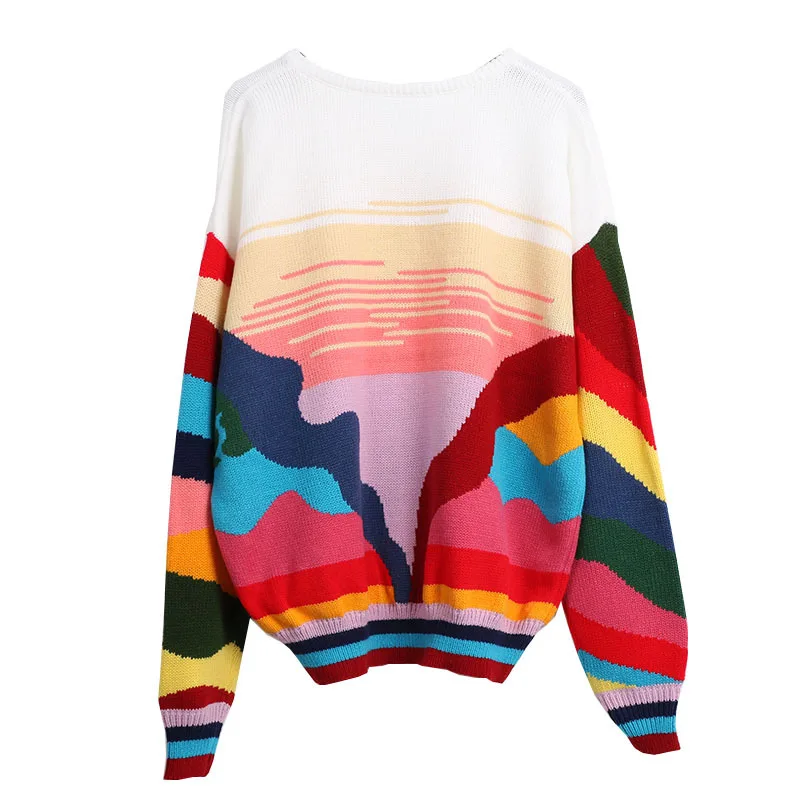 Женский трикотажный пуловер в радужную полоску с круглым вырезом | Женская