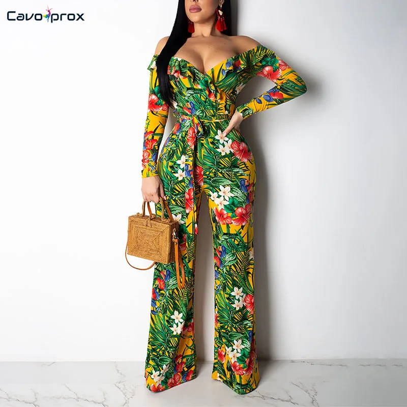 Women Flora Printed Long Sleeve Off Shoulder Bodycon Wide Leg Jumpsuit Wrap Belt Slim Fit Street Wear Fashion New Trend | Женская одежда