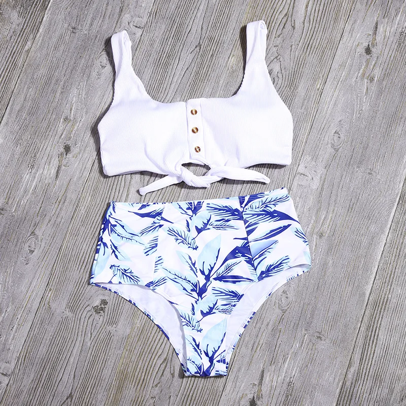 

Women's Swimsuit High Waist Swimsuit Leaf Print Sexy Bikini with Button Tie on Chest Fresh Split Swimsuit