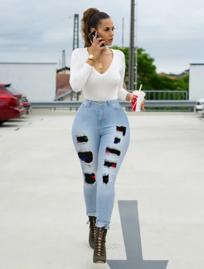 

2021 женские хлопковые джинсы, новинка, лидер продаж, Эластичные Обтягивающие рваные джинсовые женские узкие брюки-карандаш с завышенной тал...