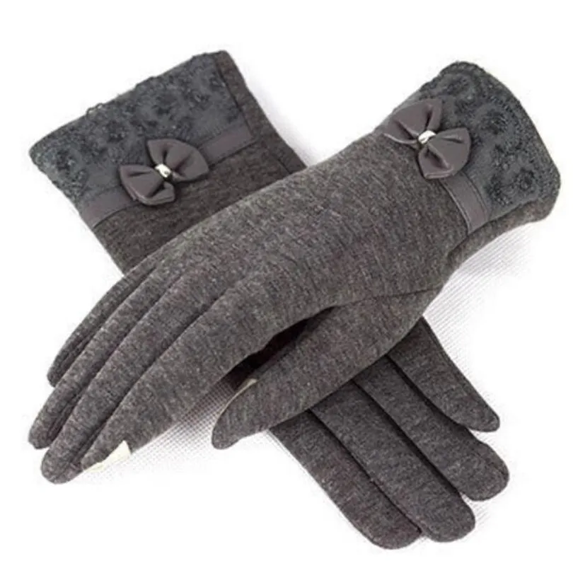 Leather bow Gray VISNXGI, осенне-зимние модные женские кашемировые перчатки, женские меховые шерстяные перчатки, милые элегантные Универсальные женские серые перчатки - Цвет: Leather bow Gray