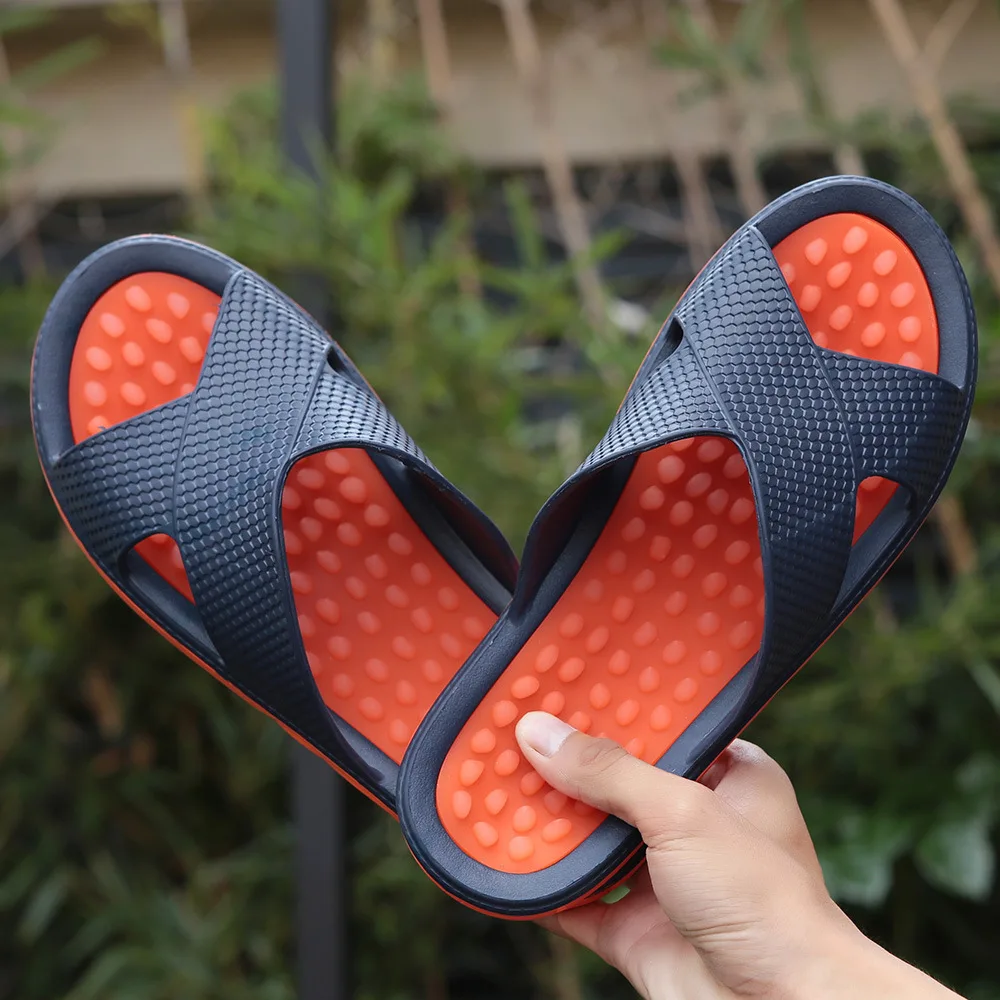 

Rouroliu 2020 Men Soft Foot-Massage House Shoes Breathable Indoor Slippers Non-Slip Bathroom Slides