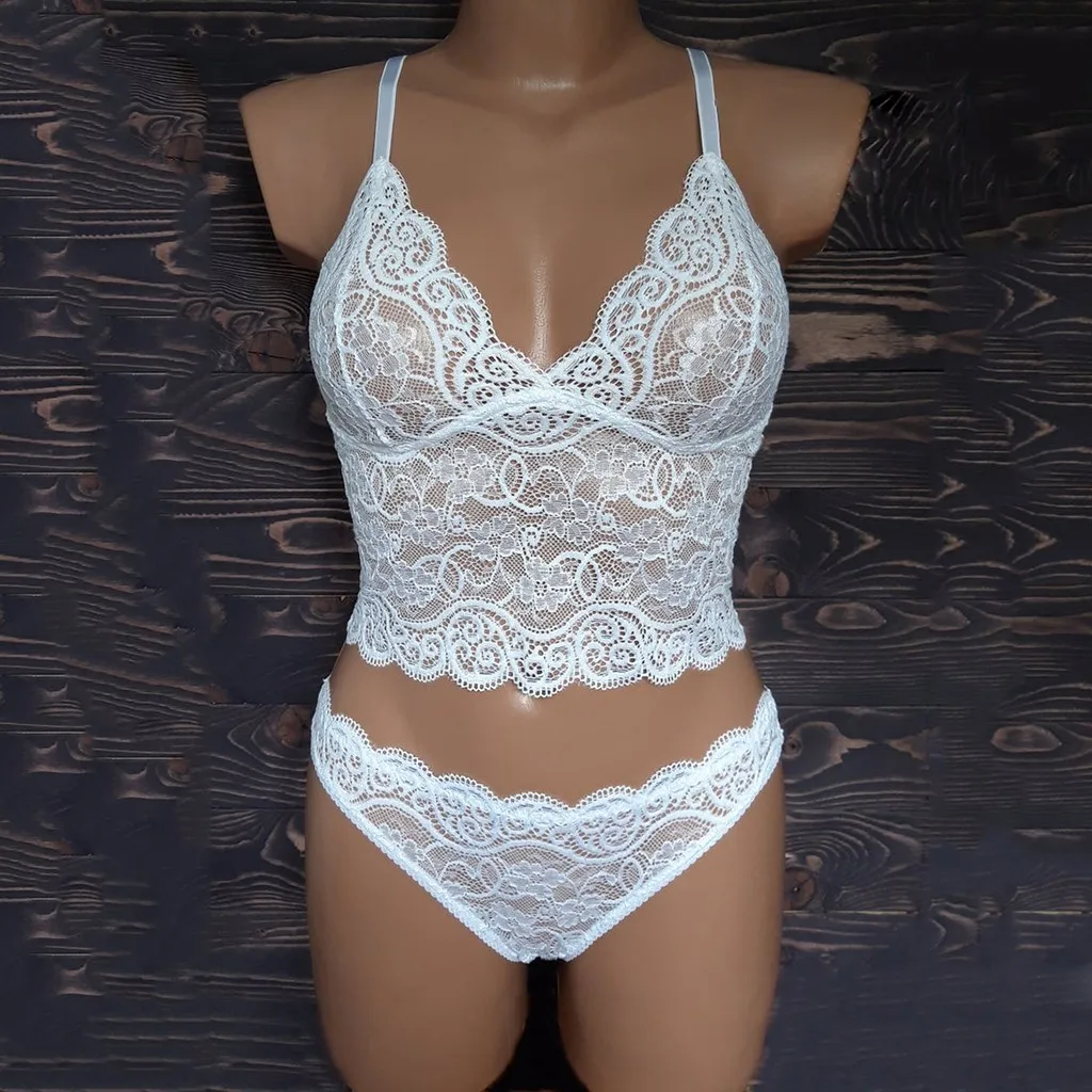 

Pijamas women sleep tops 3PC New Women Sexy Lace Lingerie Set Wireless Bra Bow Thong Bow Underpant S-3XL lingerie
